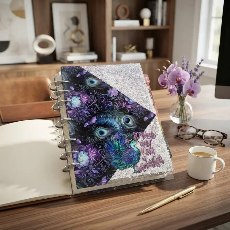 Peacock Glitter Planner Binder, A5 Floral Organizer, Be Your Own Kind of Quote