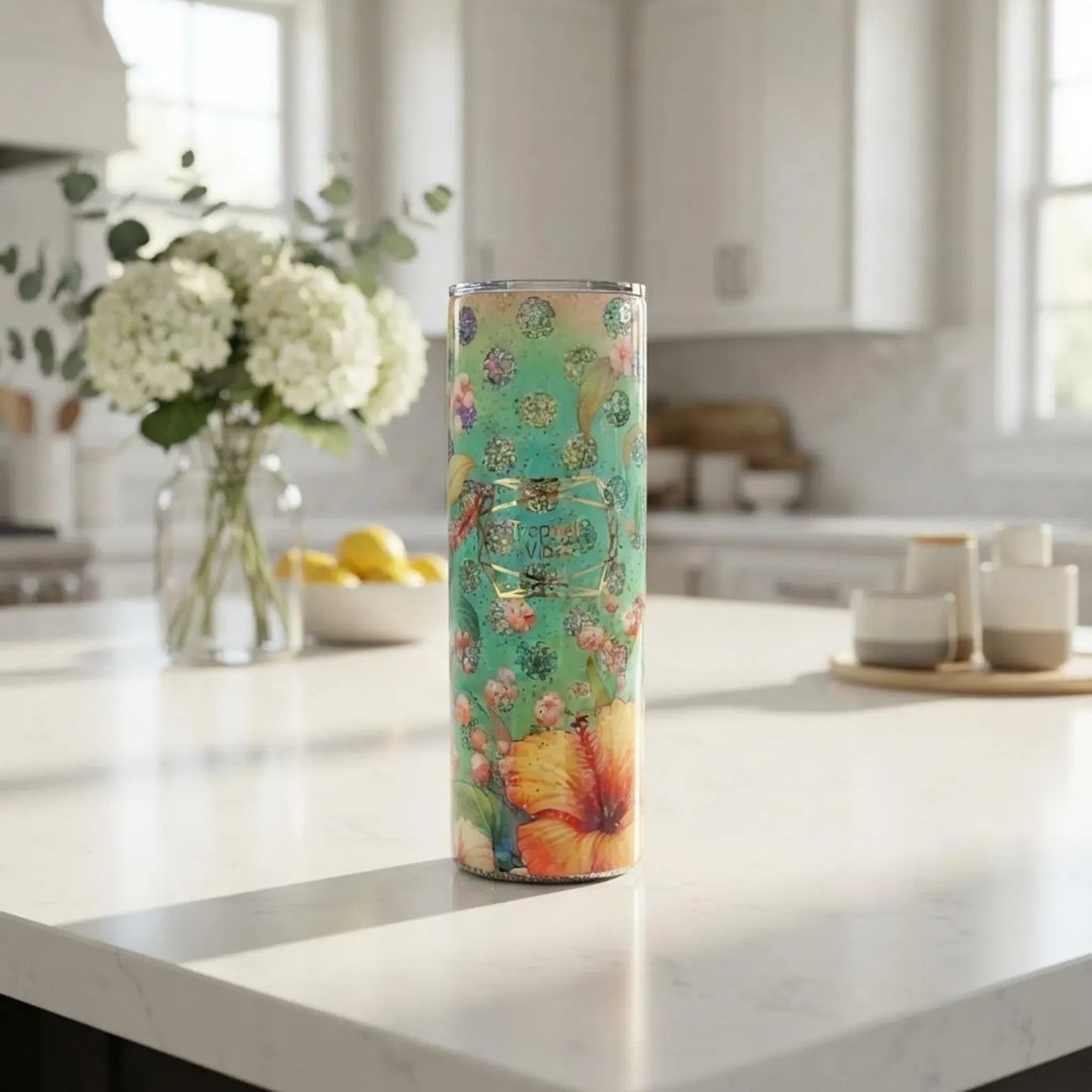 Floral Glitter Tumbler, Tropical Hibiscus Insulated Travel Mug, Handmade Epoxy Cup