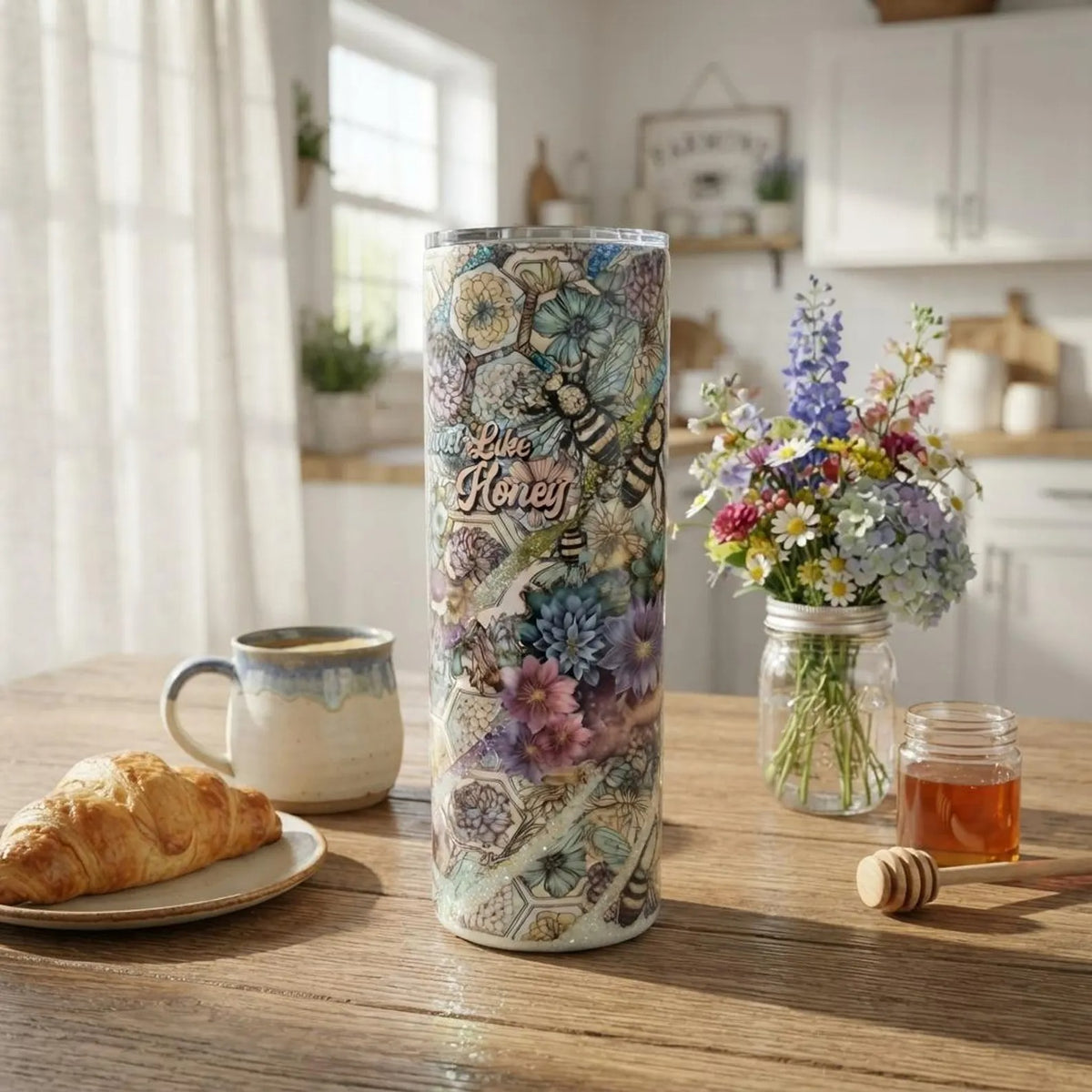 Bee Floral Glitter Tumbler, Sweet Like Honey Travel Mug, Cottagecore Stainless Steel
