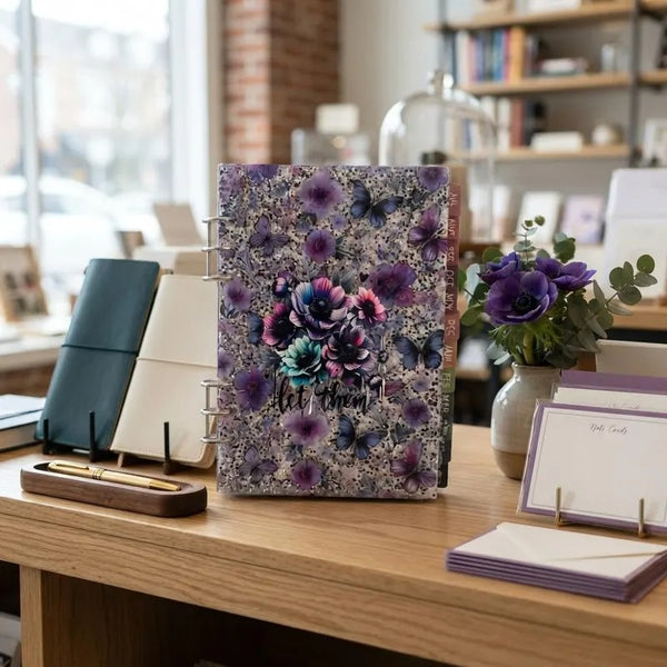 Purple Butterfly Glitter A5 Planner Binder, Floral Journal Cover, Refillable Organizer