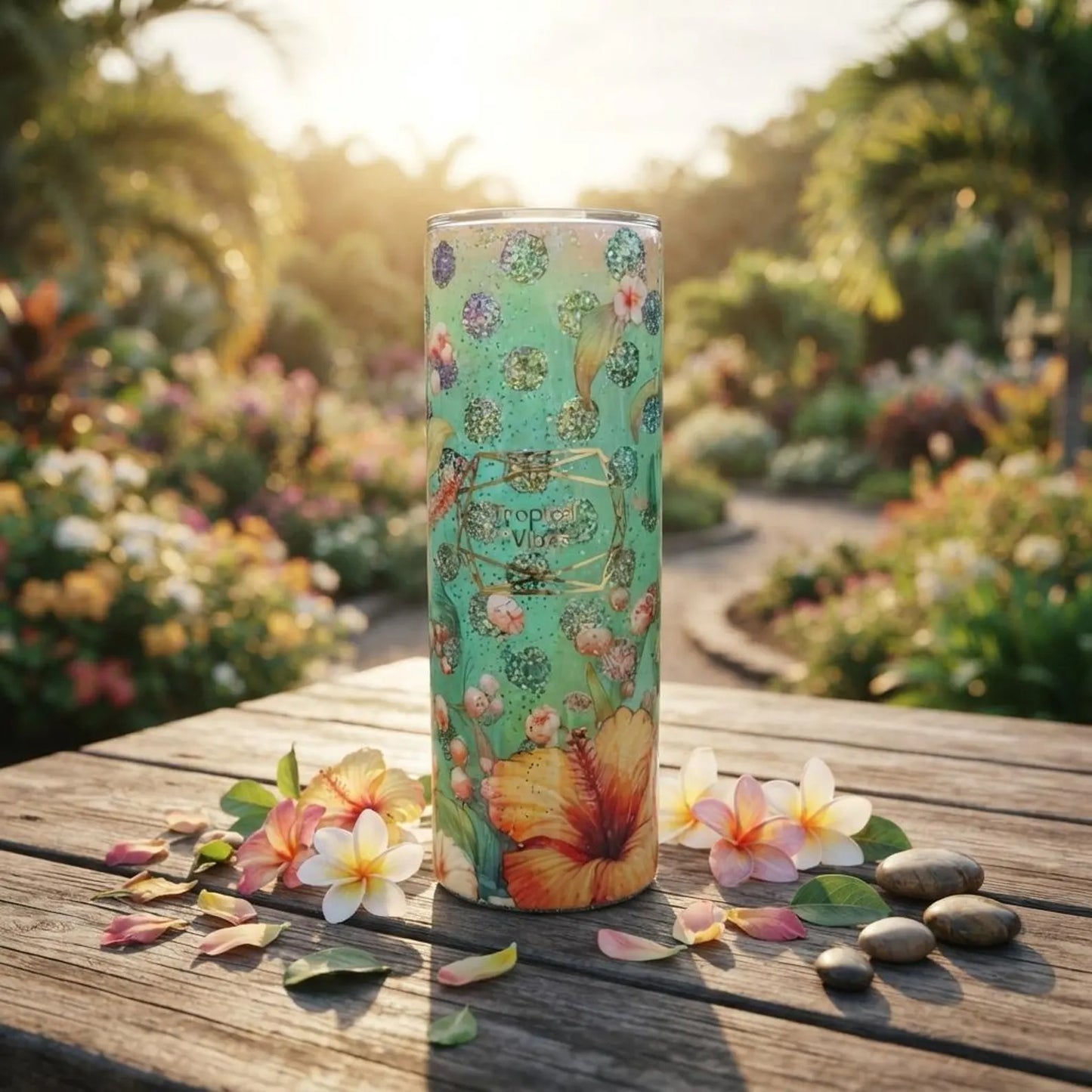 Floral Glitter Tumbler, Tropical Hibiscus Insulated Travel Mug, Handmade Epoxy Cup