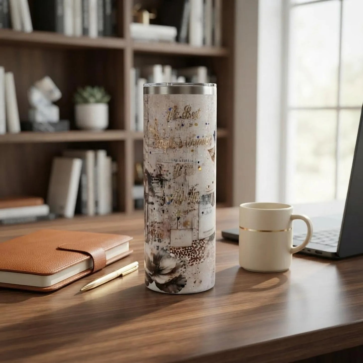 Handmade Floral Glitter Stainless Steel Tumbler, Black White Vintage Travel Mug