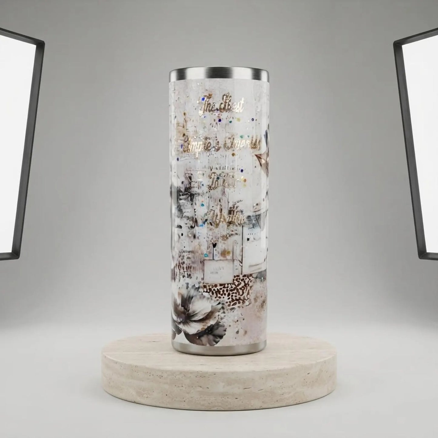 Handmade Floral Glitter Stainless Steel Tumbler, Black White Vintage Travel Mug
