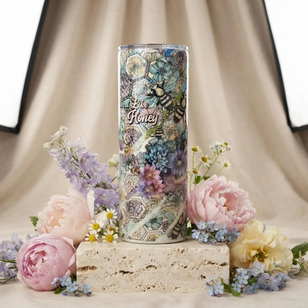 Bee Floral Glitter Tumbler, Sweet Like Honey Travel Mug, Cottagecore Stainless Steel