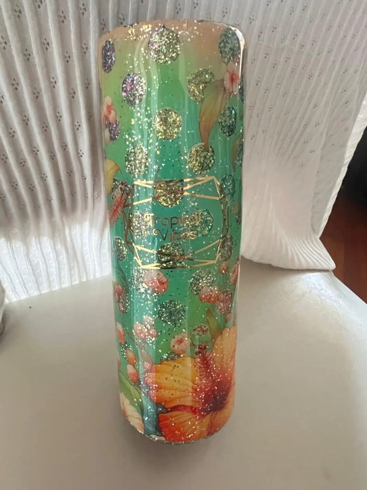 Floral Glitter Tumbler, Tropical Hibiscus Insulated Travel Mug, Handmade Epoxy Cup