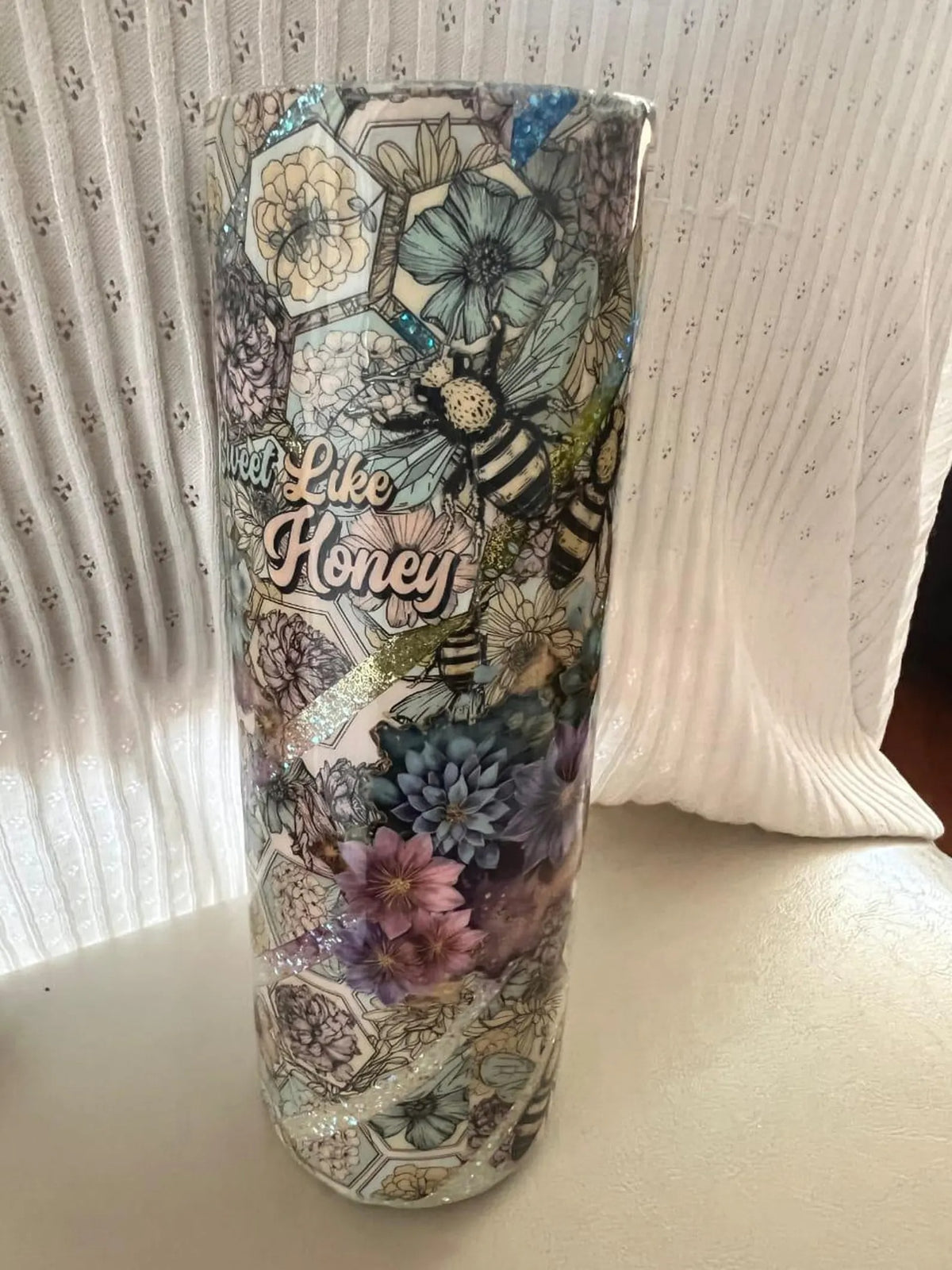 Bee Floral Glitter Tumbler, Sweet Like Honey Travel Mug, Cottagecore Stainless Steel